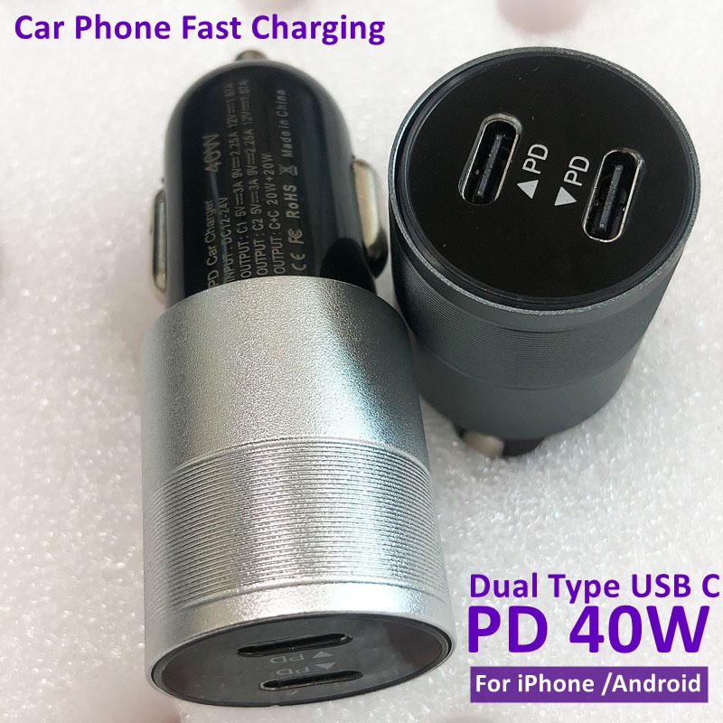 12V Dual USB C Car Phone Fast Charger Plug 40W Type C Adapter Cigarette Lighter