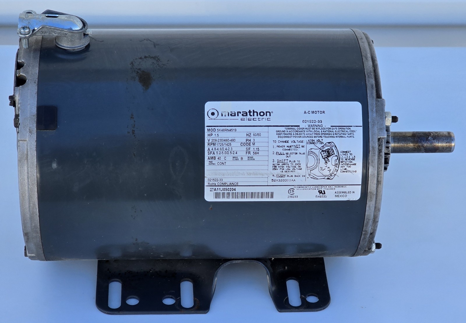 Taylor Ice Cream Machine Motor Marathon Electric 5K48RN4519 1.5hp 3 Phase Motor
