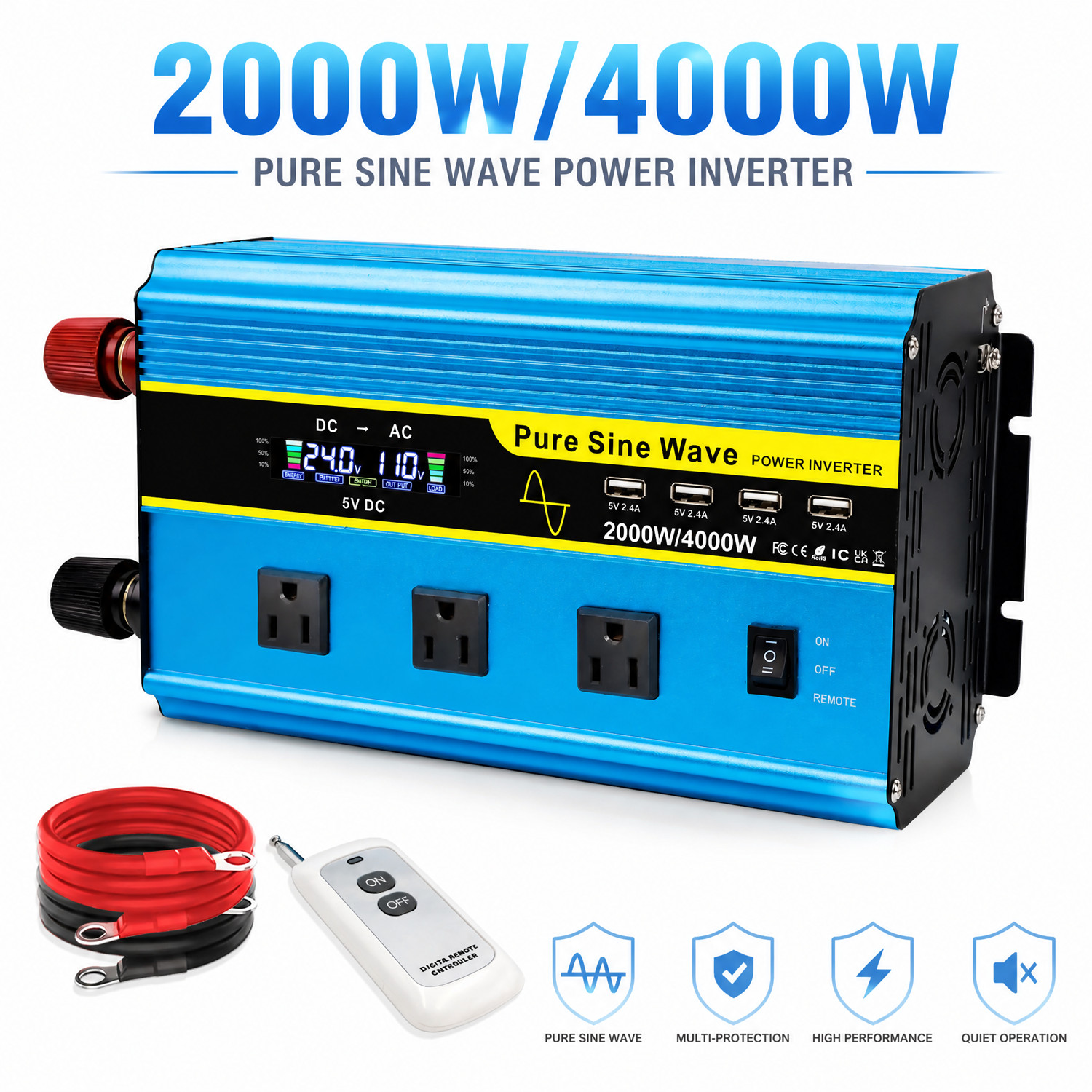 2000W 4000W Peak 24V DC to 110V AC Pure Sine Wave Inverter Remote Control LCD