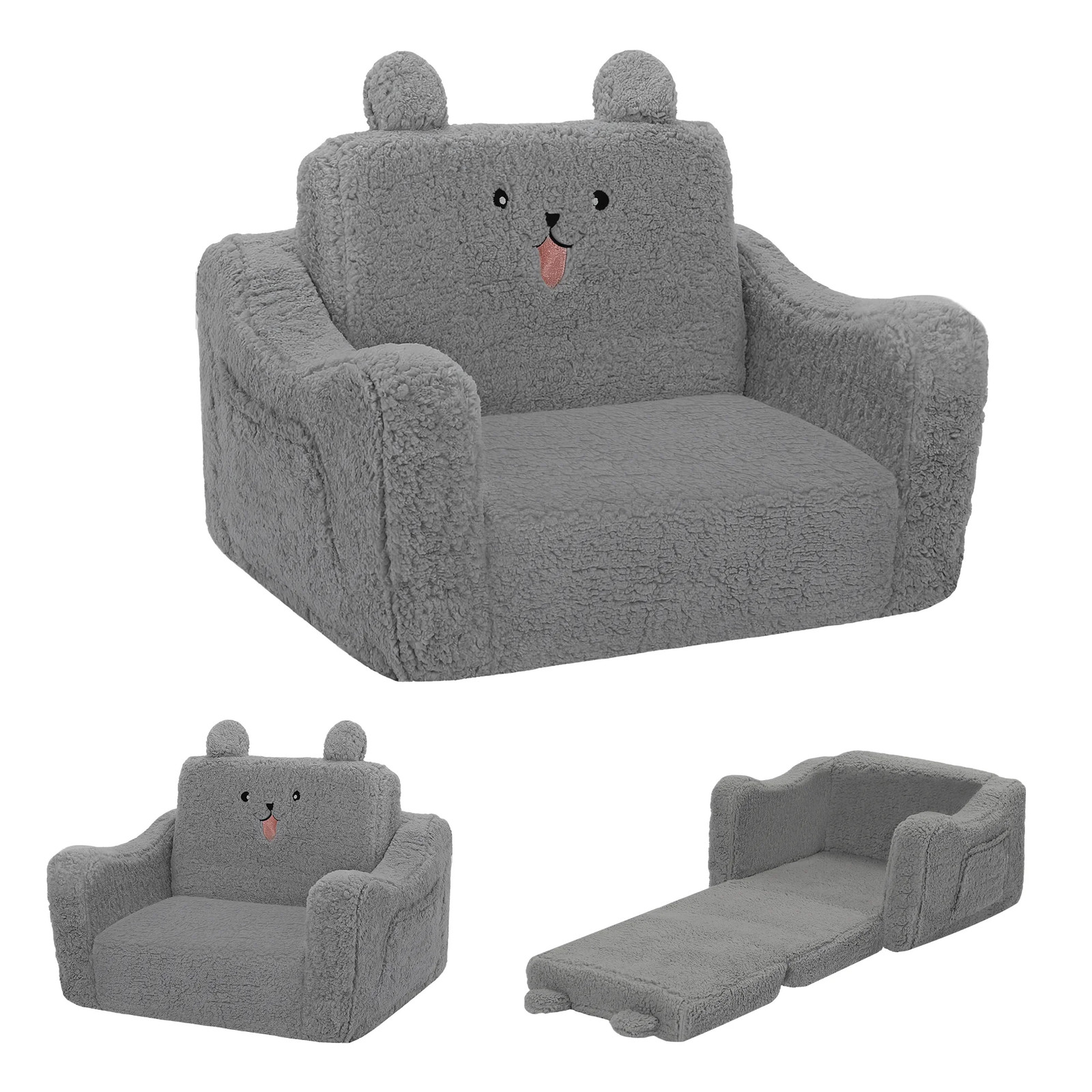Grey 2-in-1 Toddler Sofa Chair and Flip Open Sofa Bed for Playroom