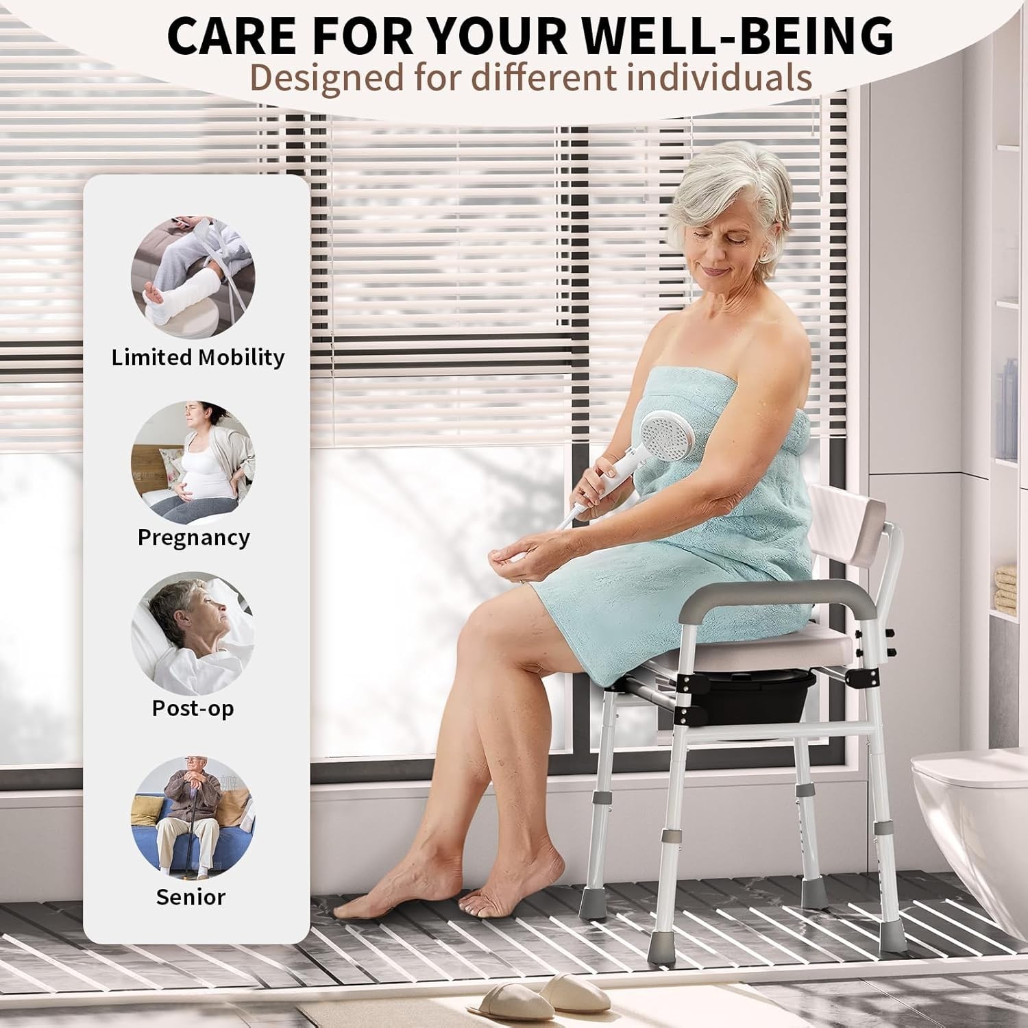 Adjustable Medical Bedside Commode Chair with Padded Backrest, Drop Arm Support