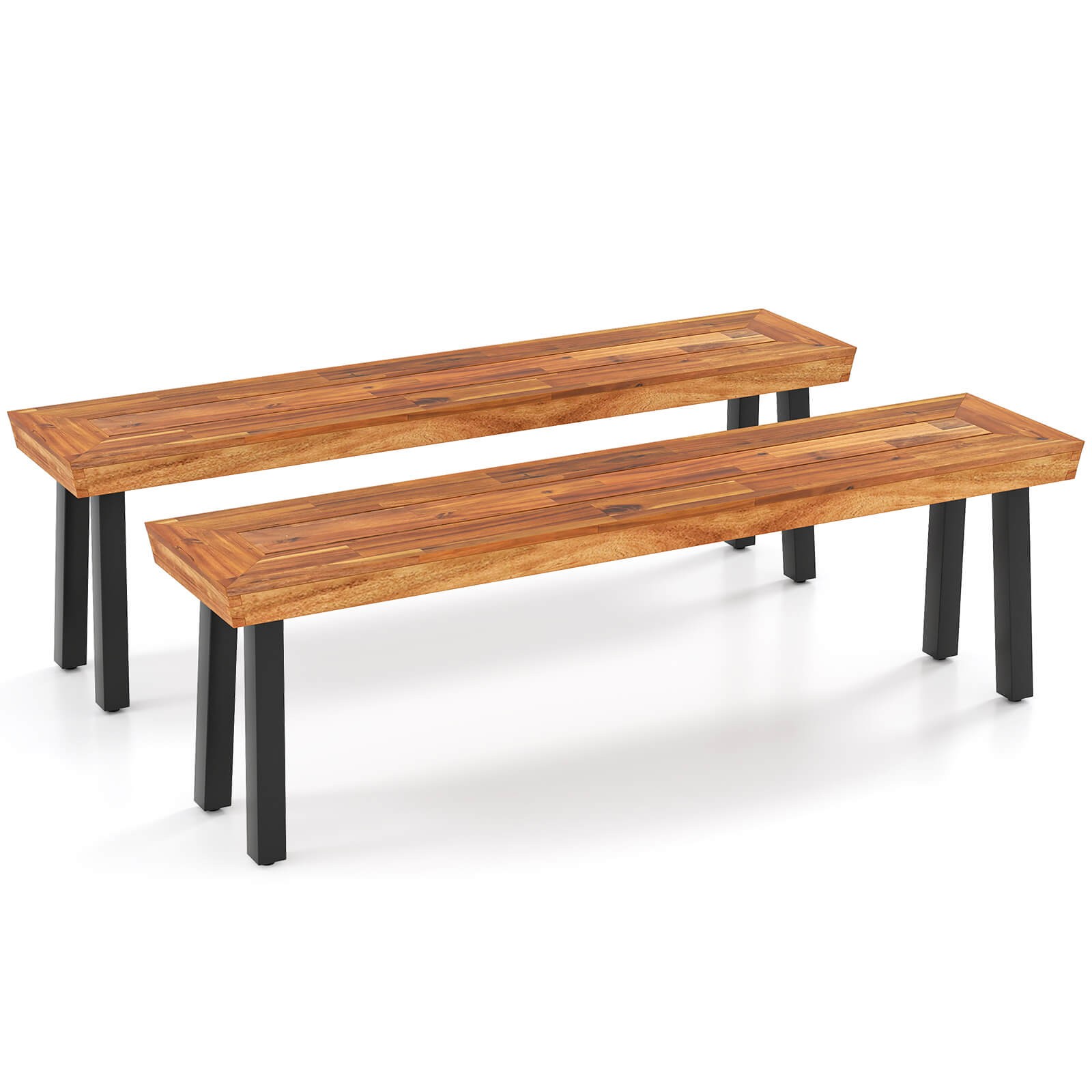 Outdoor Acacia Wood Benches Set of 2 with Slatted Top & Flared Metal Legs