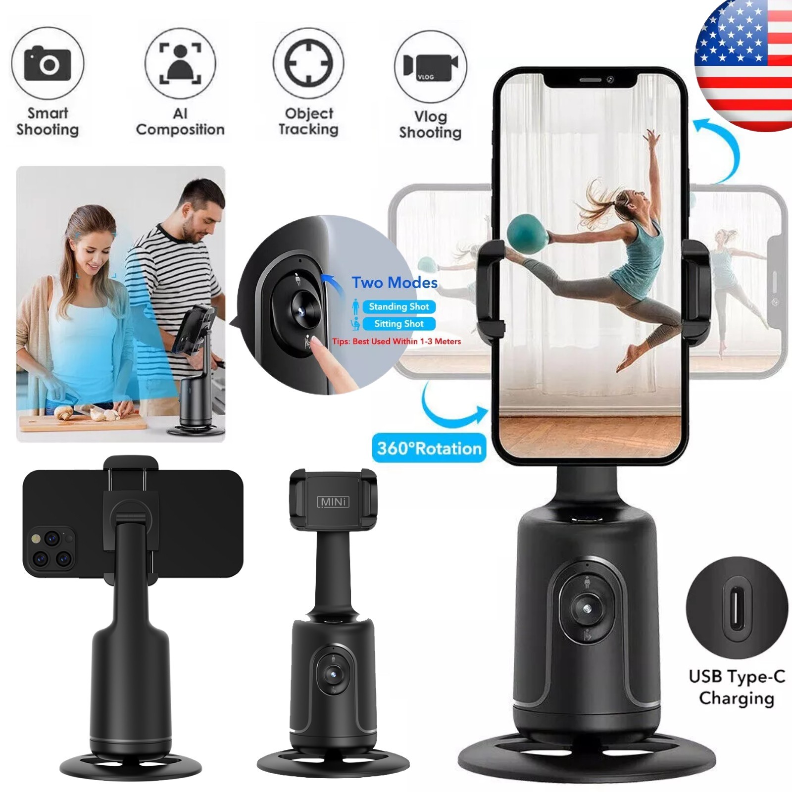Auto Tracking Tripod 360 Rotation Phone Gimbal Stand w/ AI Face Follow Stabilize