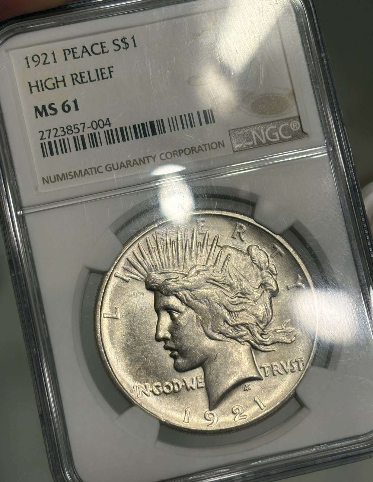 1921 Peace Dollar. NGC MS-61. High Relief.  Mint State Key Date