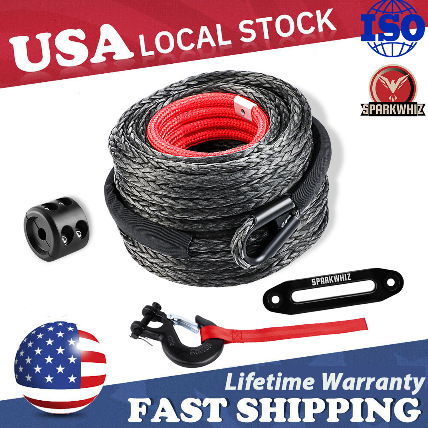 3/8"x100ft 26500LBS Synthetic Winch Rope Winch Line Cable & Winch Hook for Truck