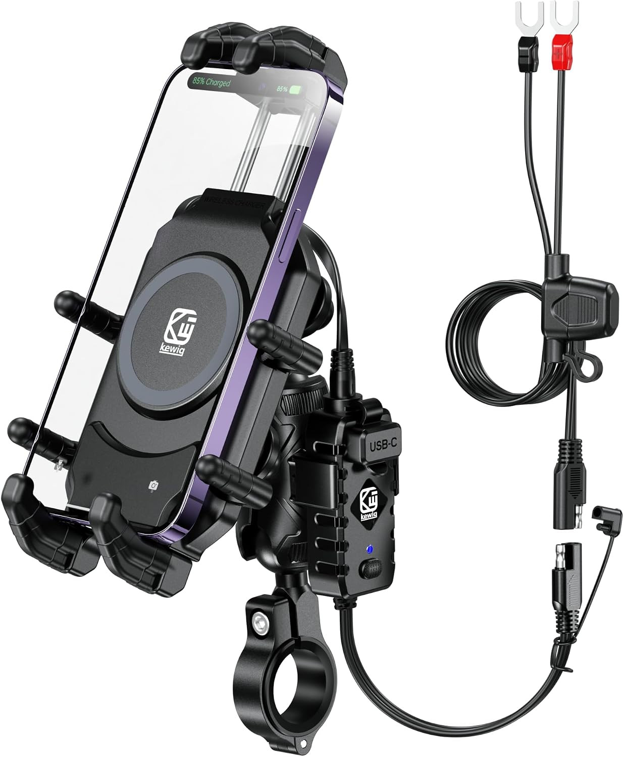 Motorcycle Phone Mount with Qi Wireless & USB-C Charger | Qi 15W & PD 30W, Anti-