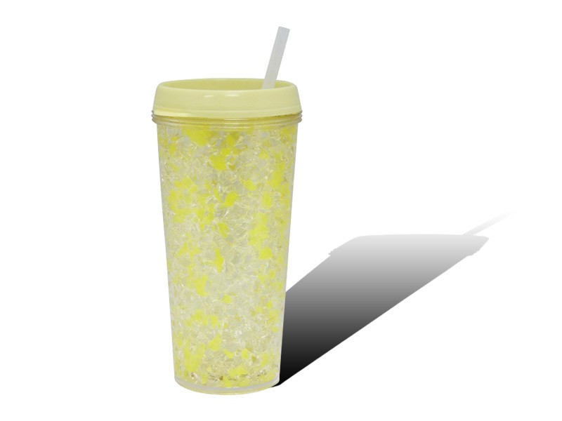 ICED GEL TRAVEL CUP FREEZE FROSTY JELLY LID MUG W/ STRAW YELLOW