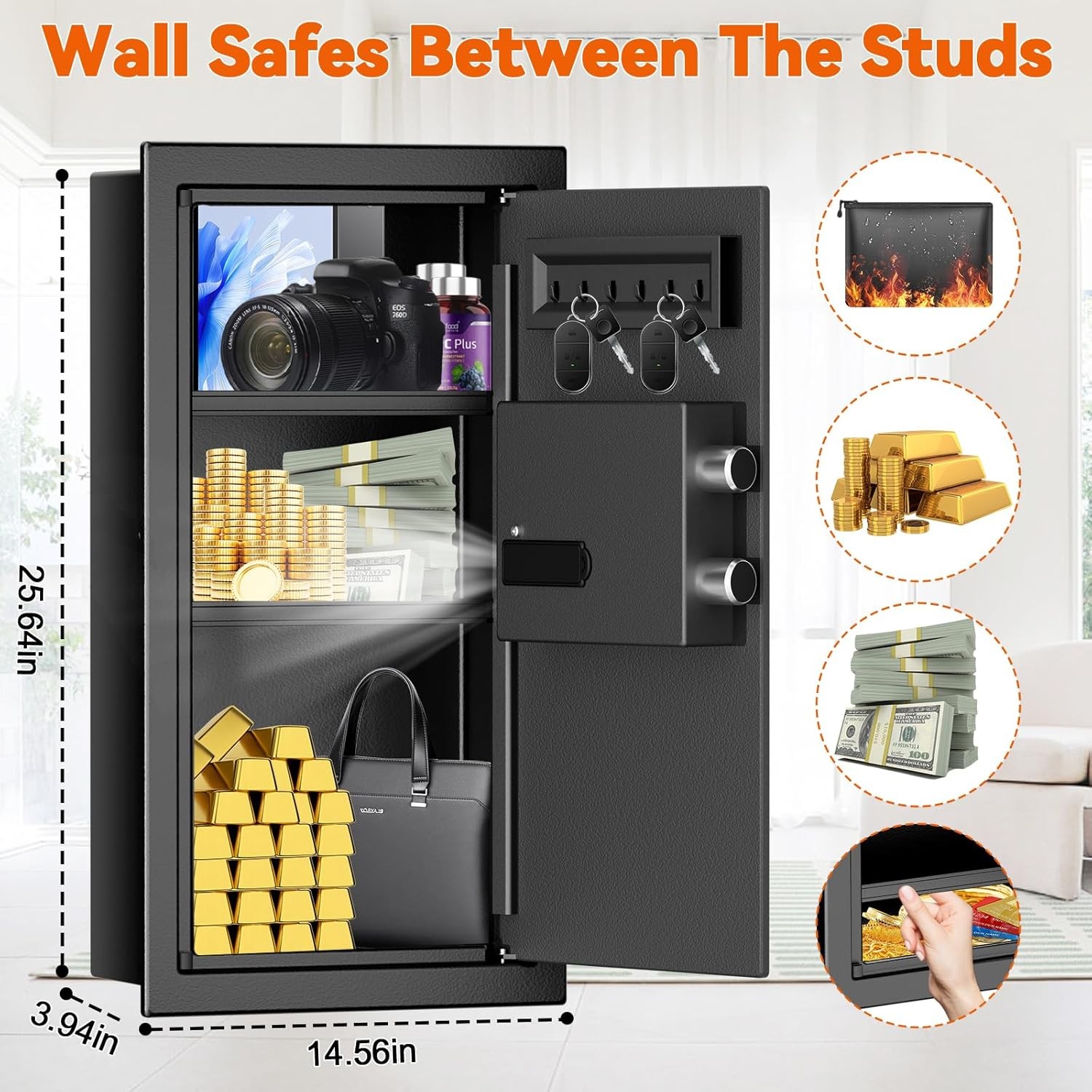 Pelinix Fireproof Wall Safe Between Studs Heavy Duty Digital Keypad 2-Shelf