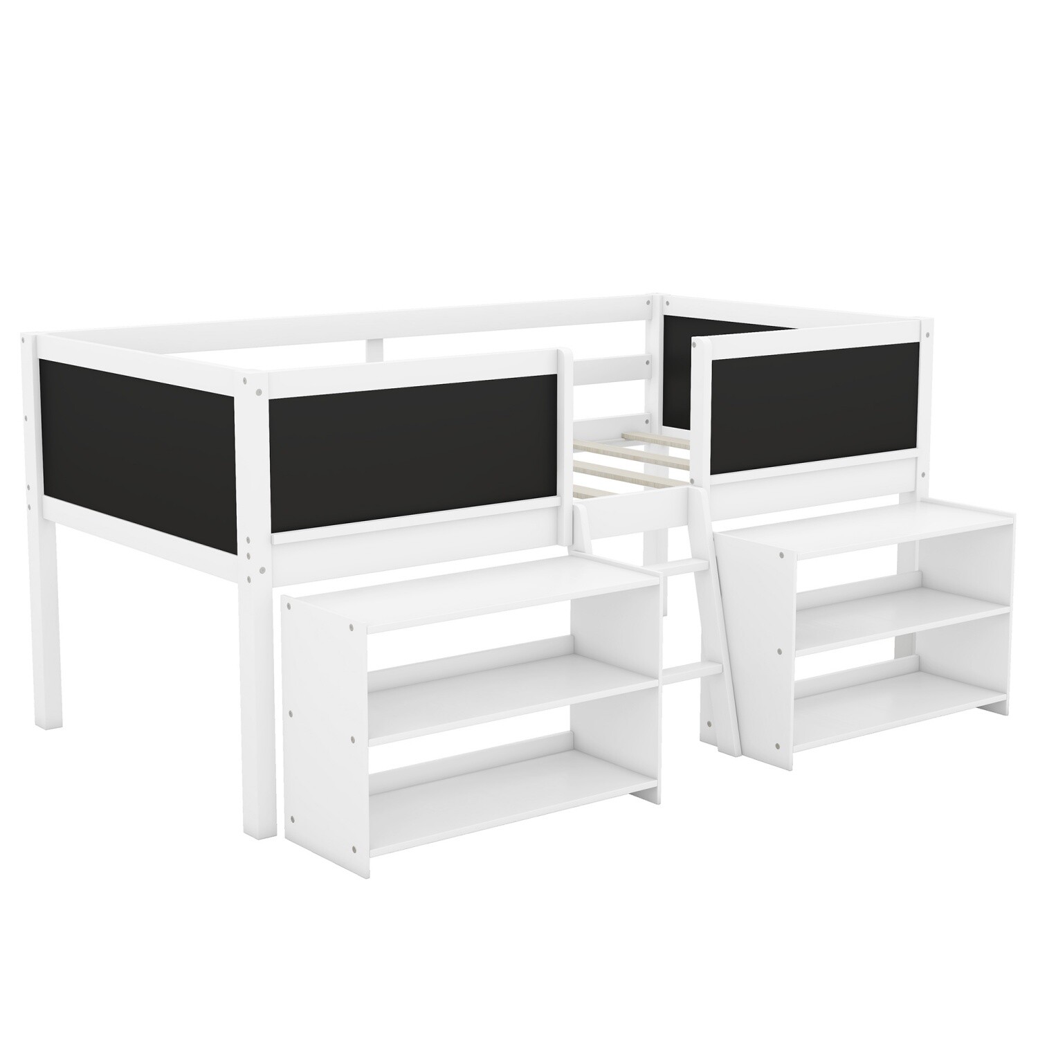 Twin Size Loft Bed Wood Bed Frame w/ 2 Movable Shelves & Guardrail Chalkboard