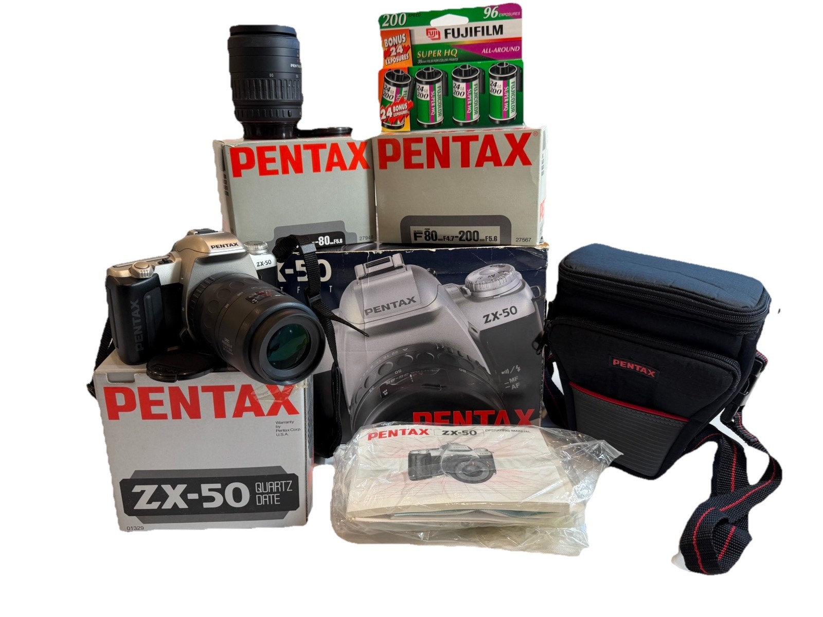 Pentax ZX-50 Quartz Date 35mm Film Camera Kit w/ 28-80mm + 80-200mm Lenses