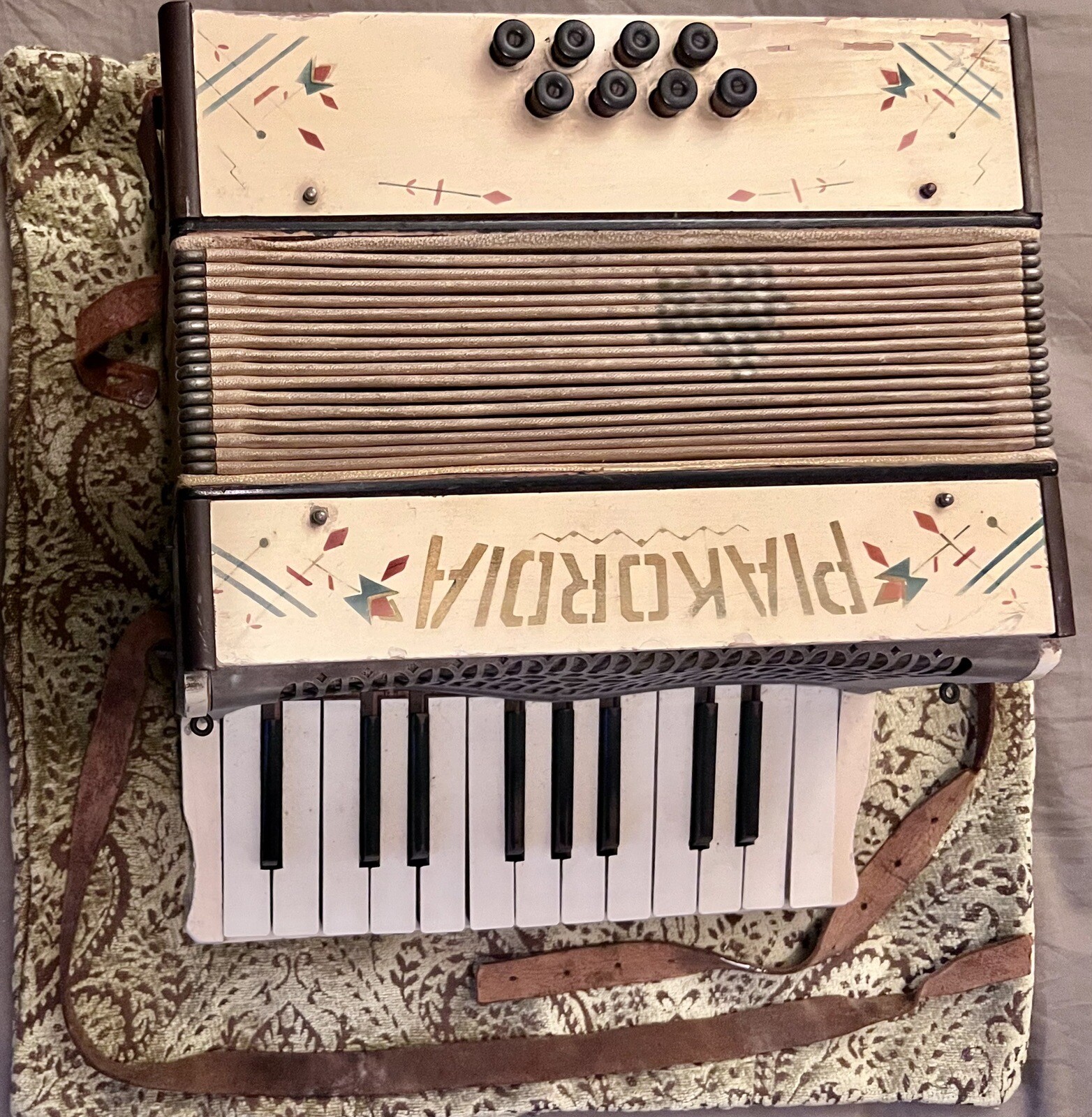 Antique Accordian, Piakordia, Small, White with Yellow Keys