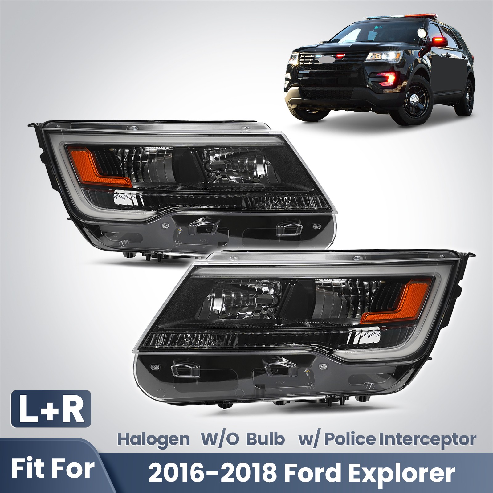 For 2016 2017 2018 Ford Explorer w/ Police Interceptor Halogen Headlights Pair