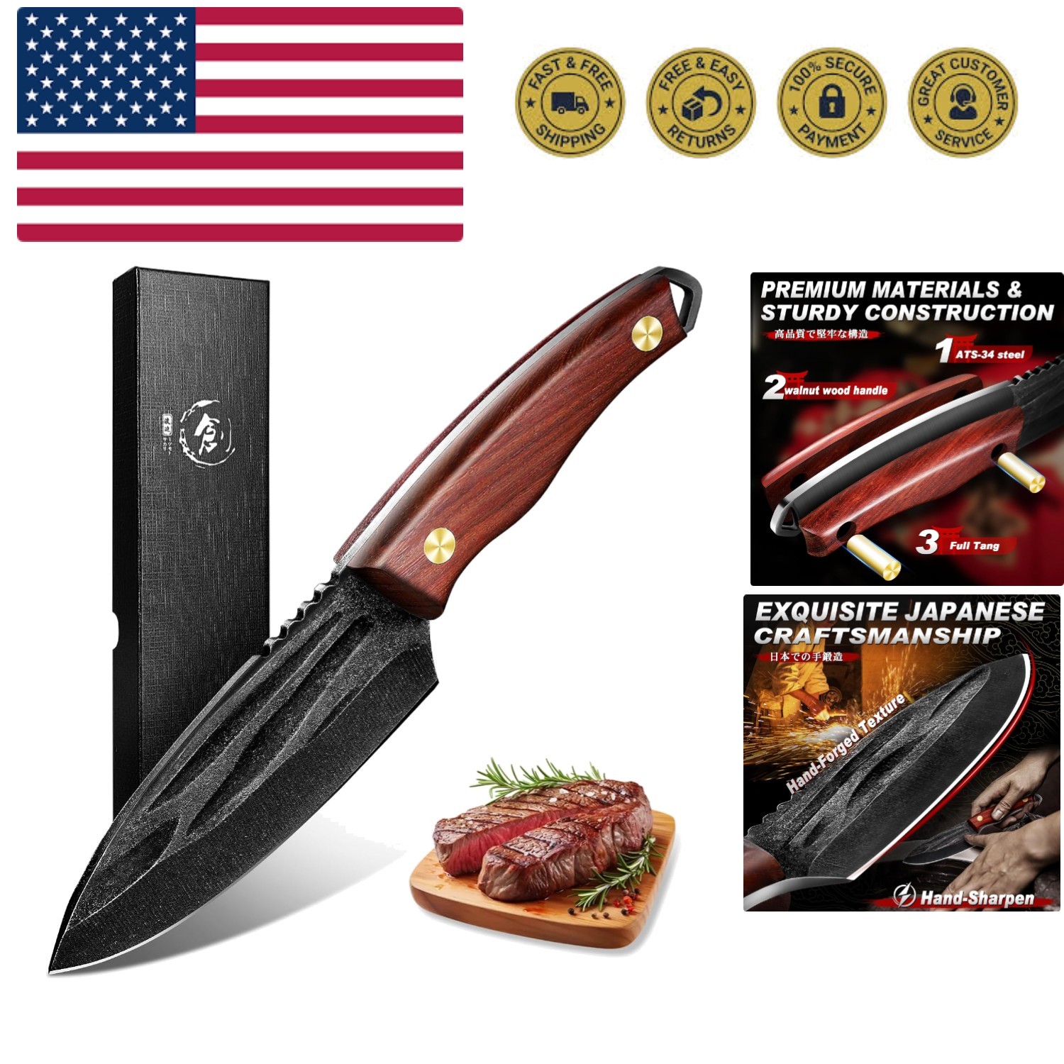 Butcher Knife–Japanese Style Paring Knife, Hand-Forged High Carbon Steel with...