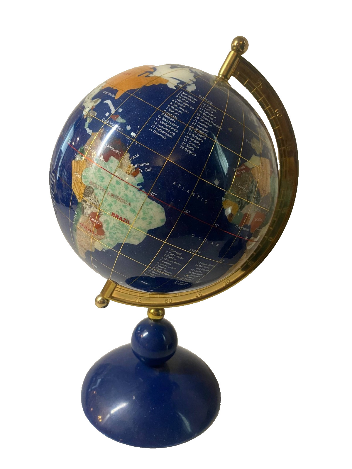 Vintage 11" Blue Lapis Gemstone World Globe Inlaid Stone Brass Arc Office Decor