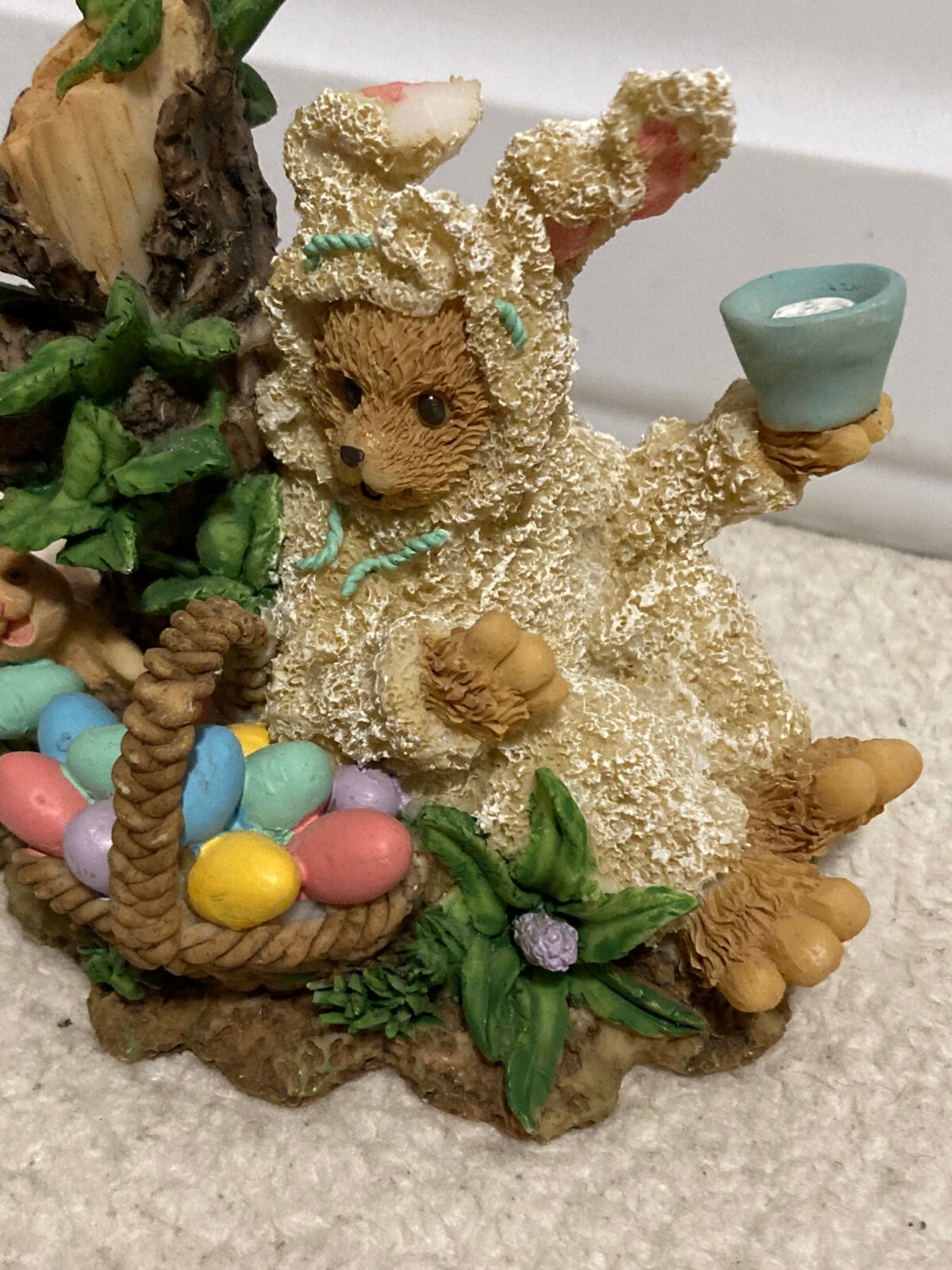 Anthropomorphic Ceramic Bear as Easter Bunny Figurine w/ Easter Egg Basket