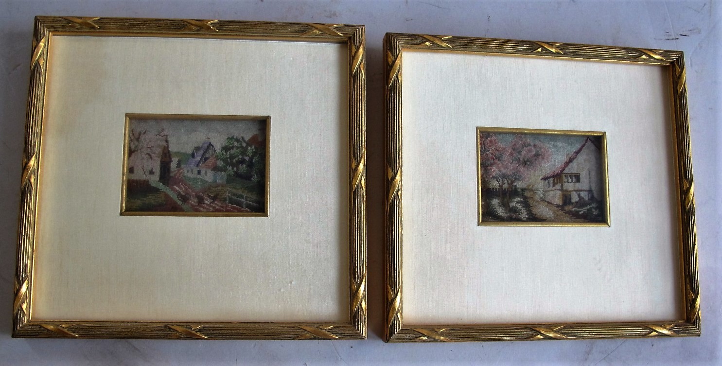 RARE PAIR of 19th C. Miniature Petit Point Panels Panels in Gilt Wood Frames