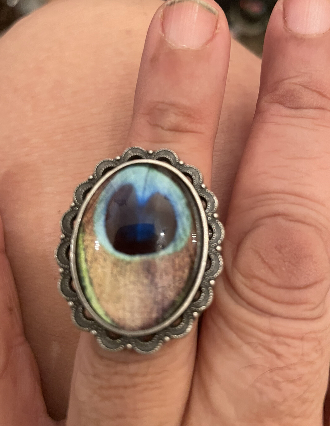 Antique Silver Scallop Filigree Peacock Cabochon Ring w/ adjustable band