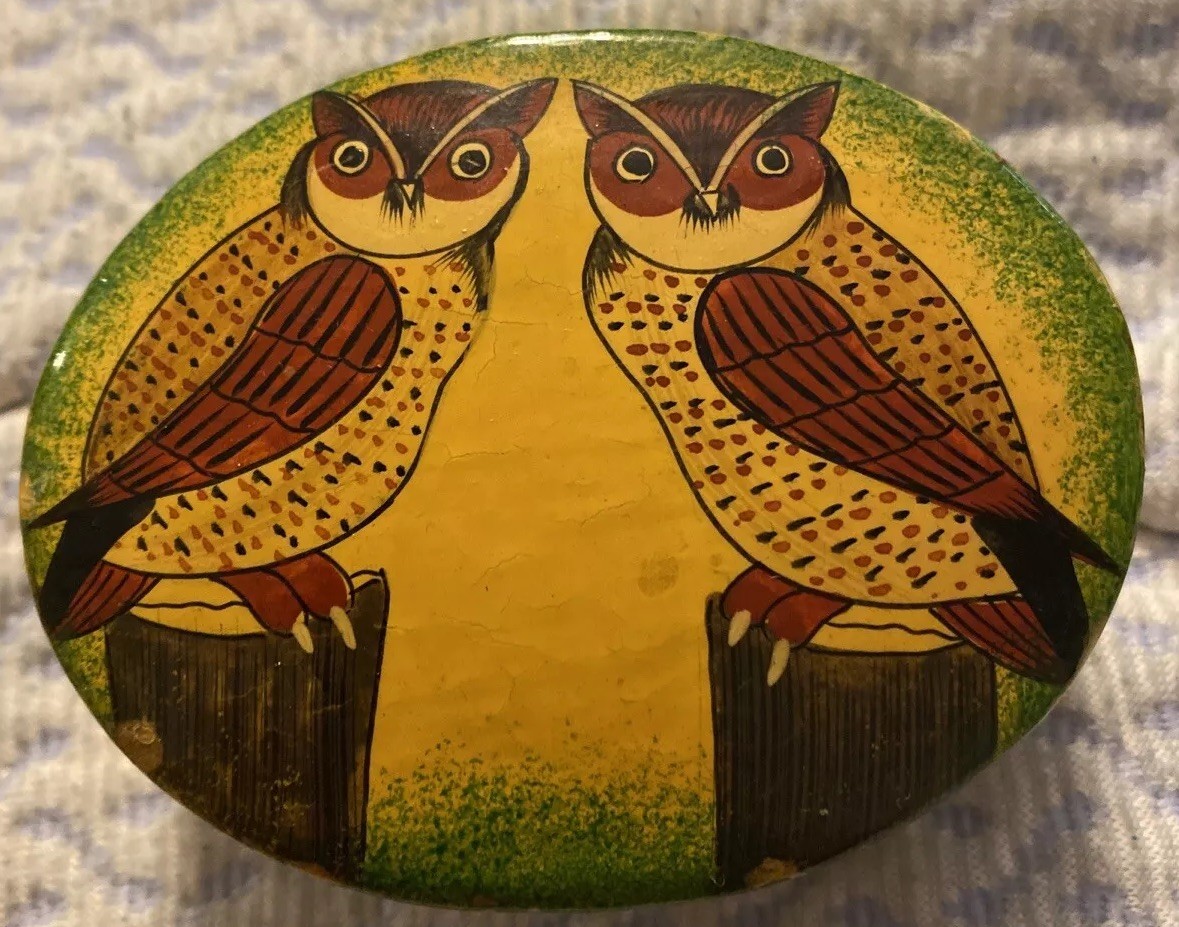 Owl Trinket Box Lacquered Handpainted EUC
