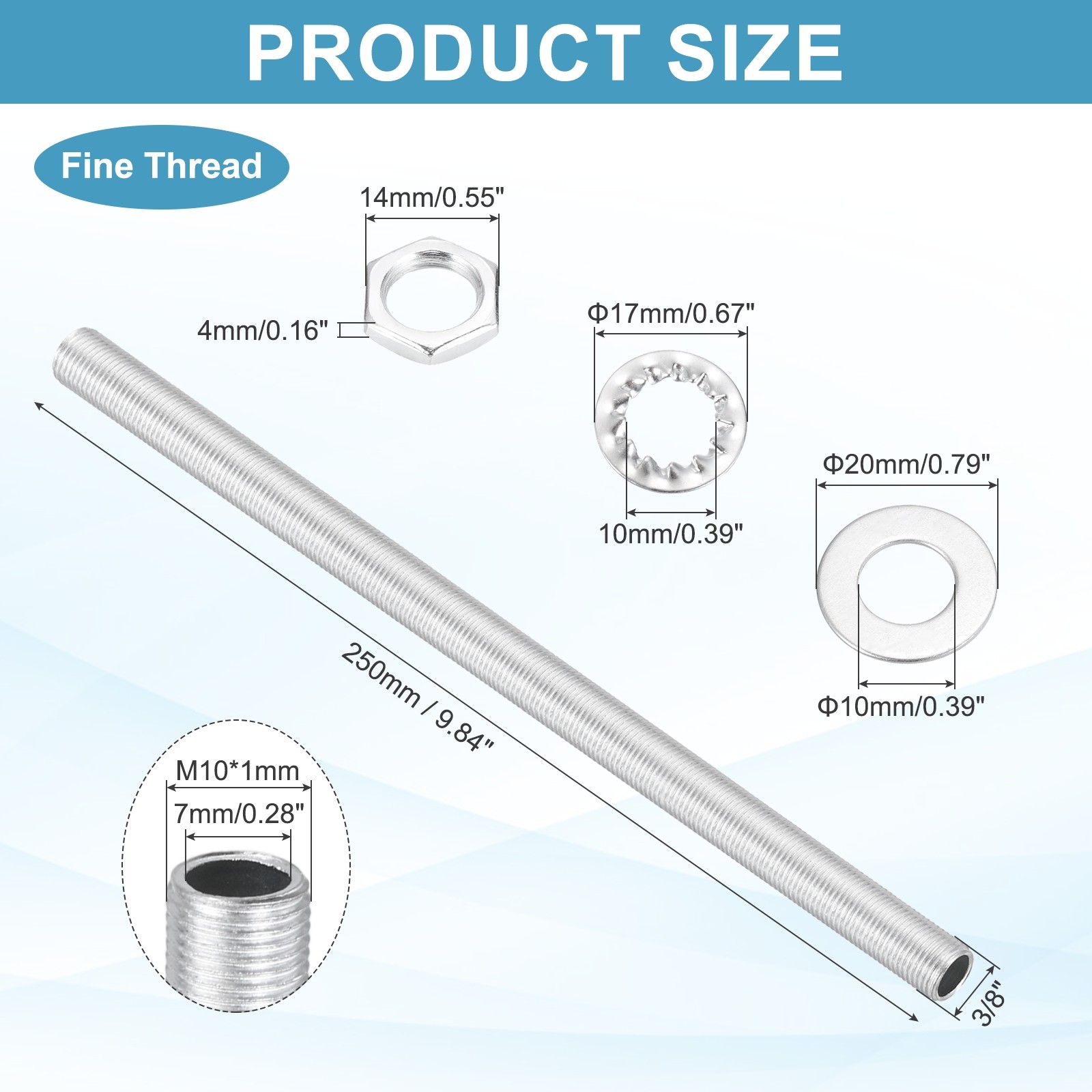 21Pcs 9.8" M10 Lamp Pipe Kit with Lock Nuts Washers for Assembly, Silver
