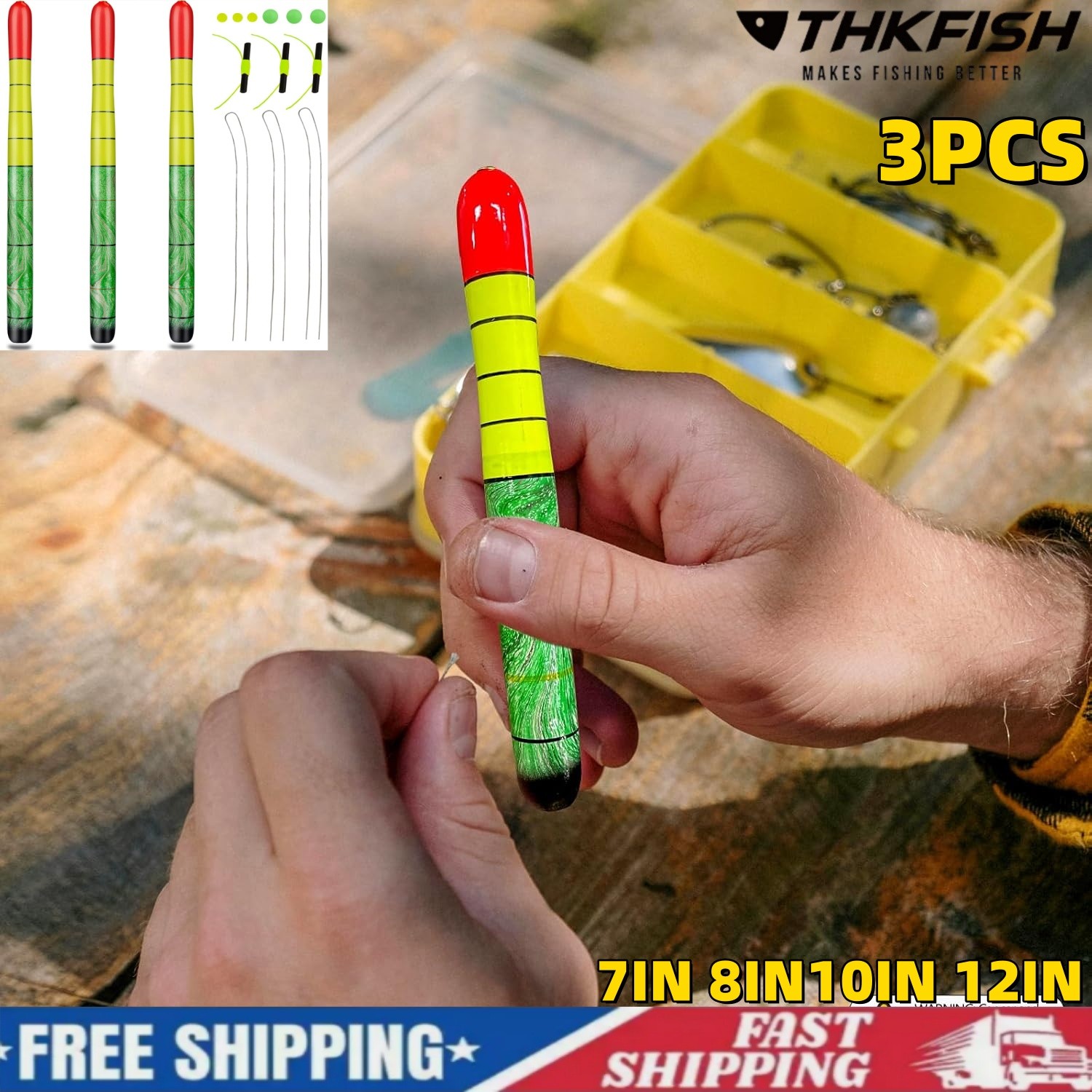 3pcs Balsa Wood Body Fishing Bobbers High Visiblity Fishing Pole Yellow Green