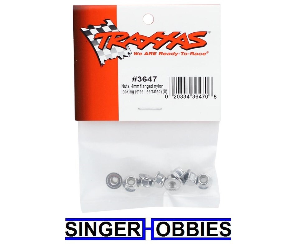 Traxxas 3647 Nuts, 4mm flanged nylon locking (steel, serrated) (8) TRA3647 TRA1