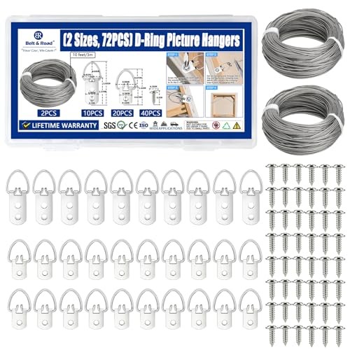 (2 Sizes, 72PCS) D-Ring Picture Hangers with Hanging Wire Kit – 20 Single Hole