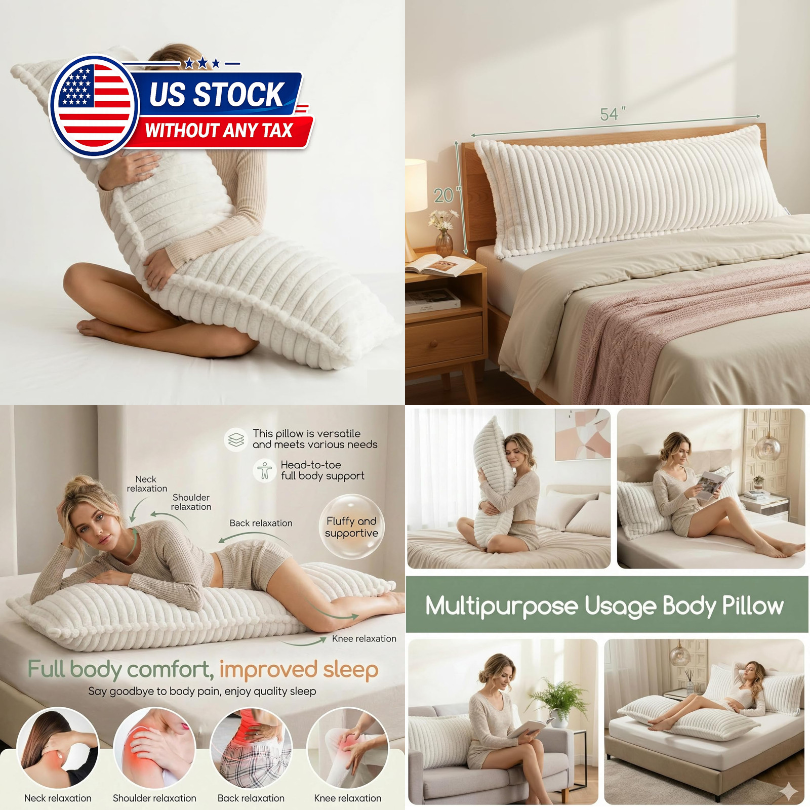 Faux Fur Full Body Pillow for Adults Shredded Memory Foam Pregnancy Side Sleeper