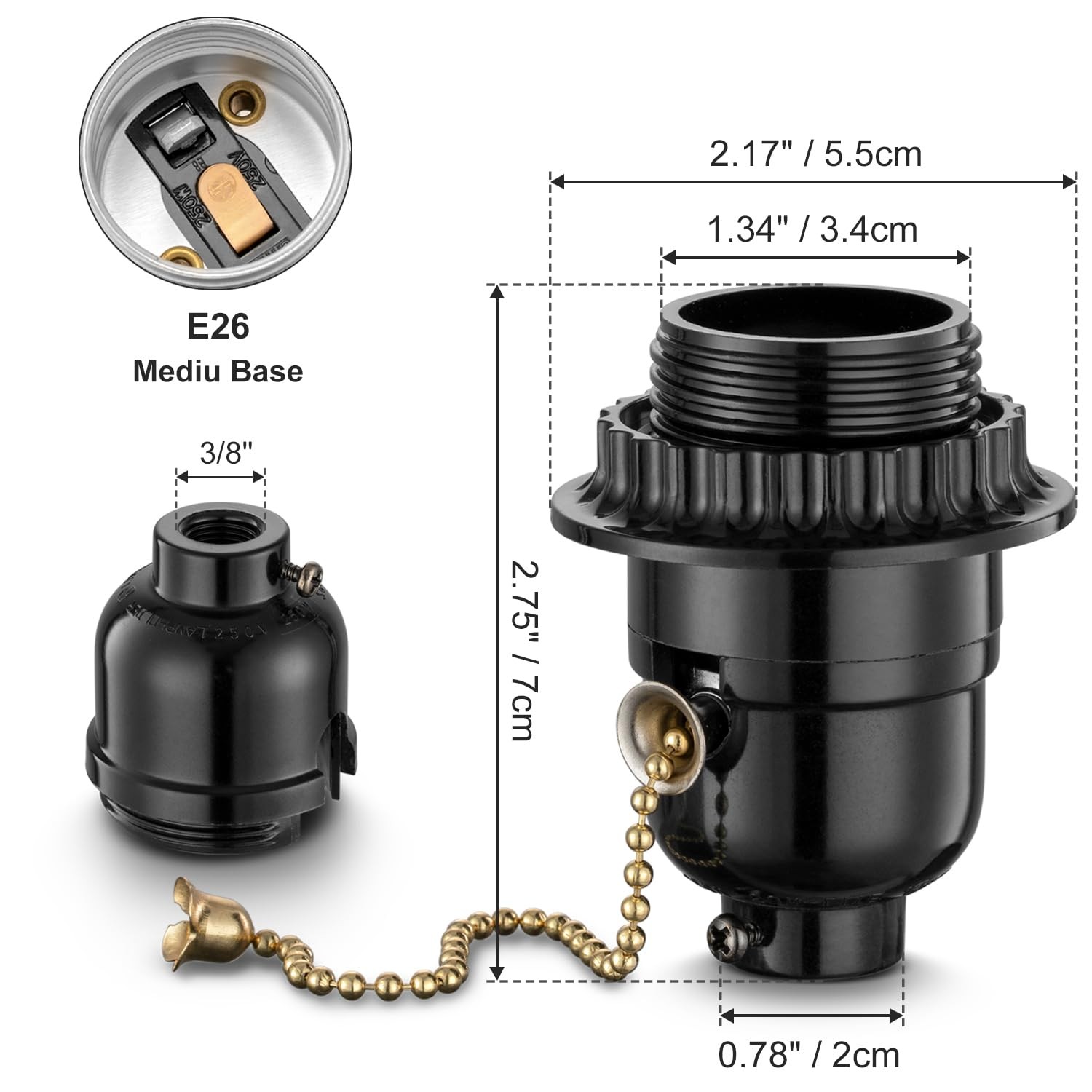 Pull Chain Light Bulb Socket With Shade Ring, E26 Replacement Black