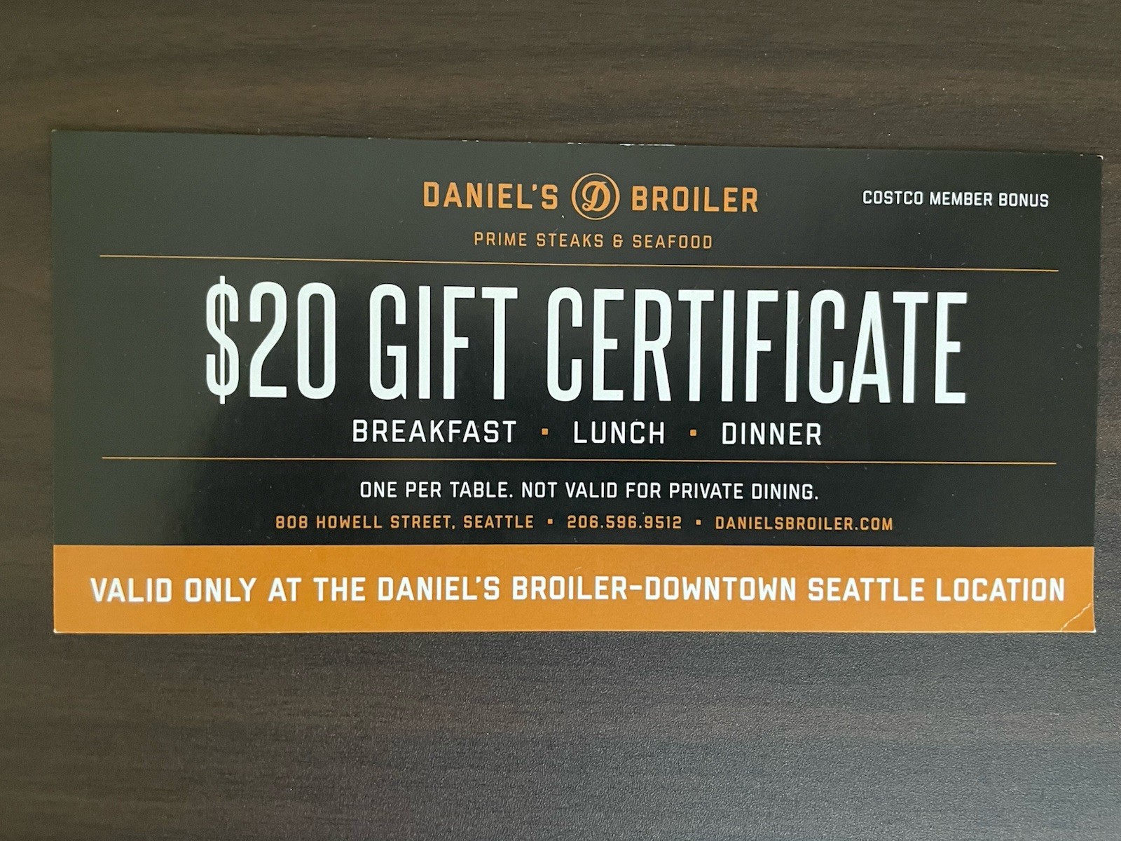 Gift Certificate $20 Daniel's Broiler Prime Steak & Seafood in Seattle -e527