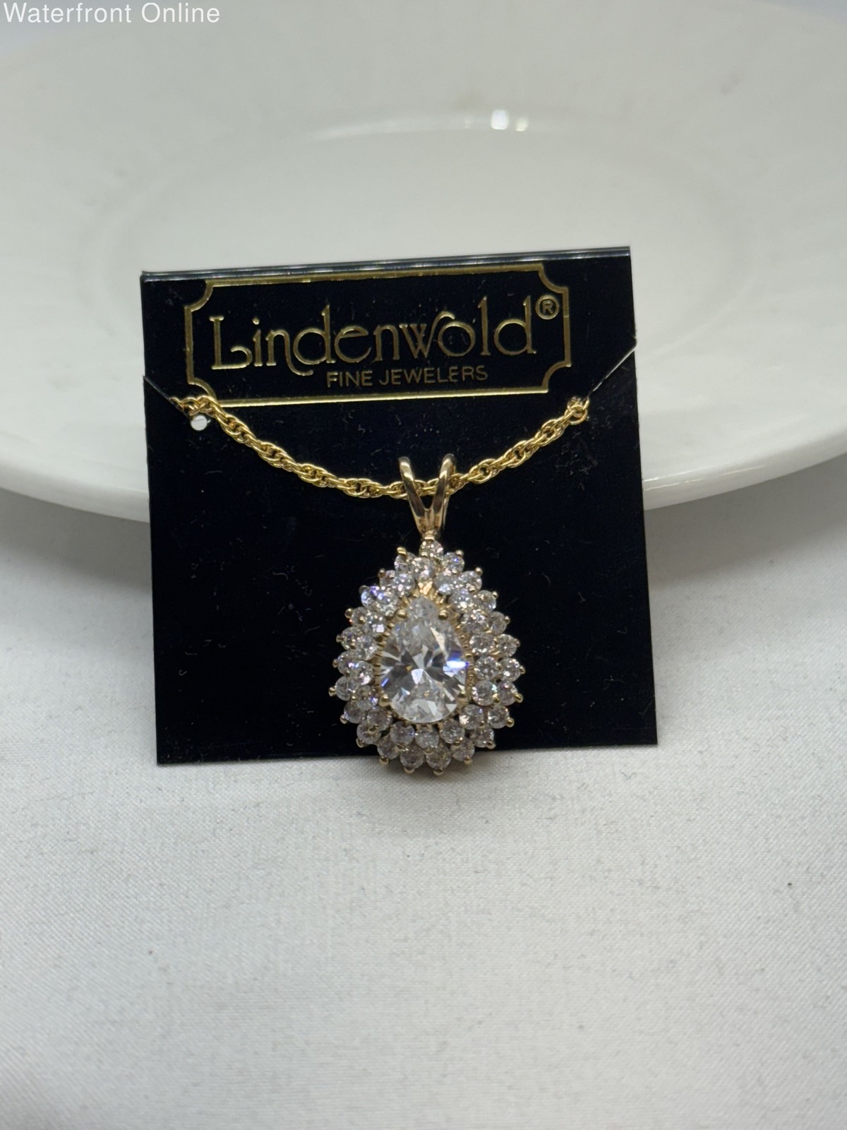 Vintage Lindenwold Necklace Sparkling Tiered Teardrop Double Halo Gold Tone