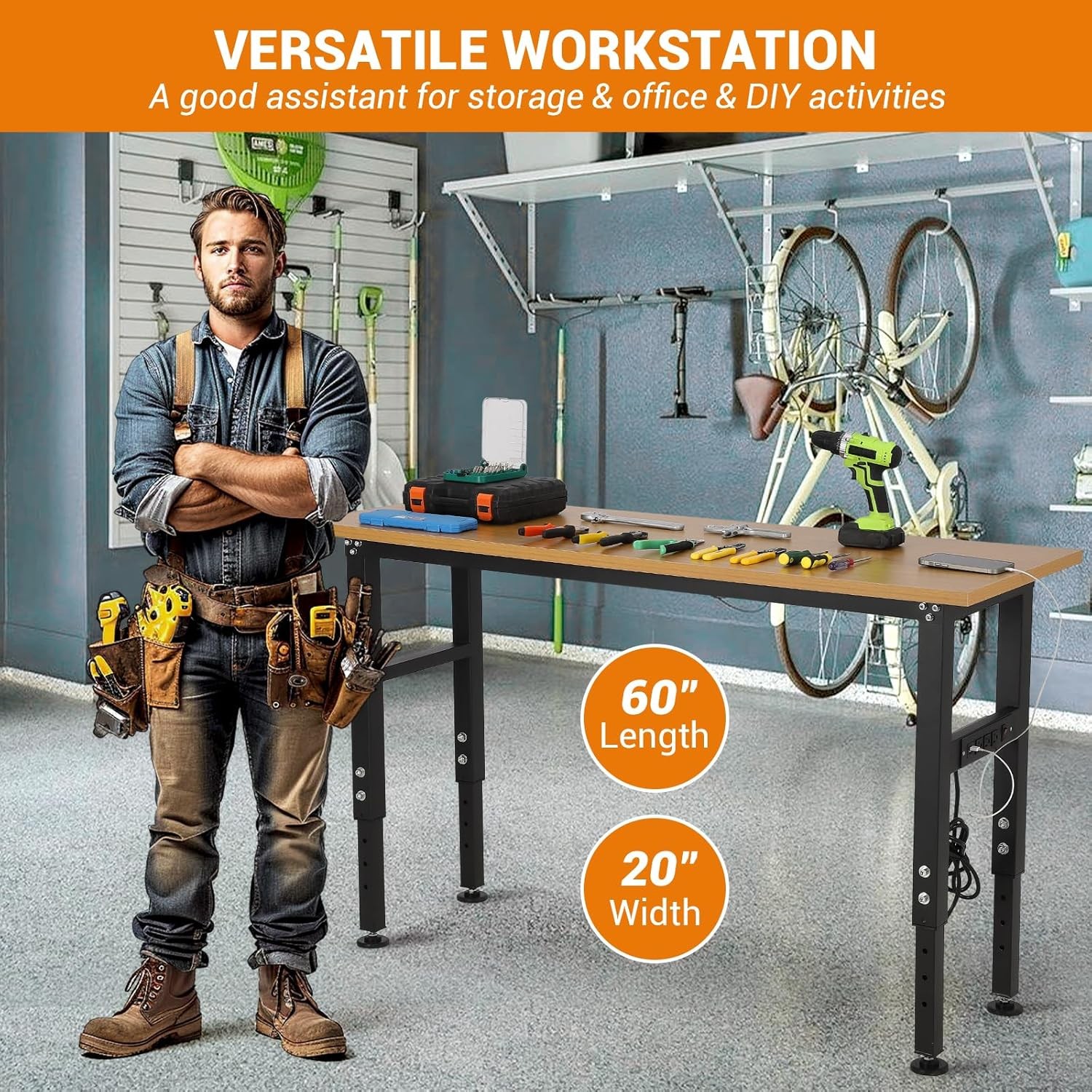Adjustable Height Workbench with Power Outlet 2500 Lbs Capacity Heavy Duty Table