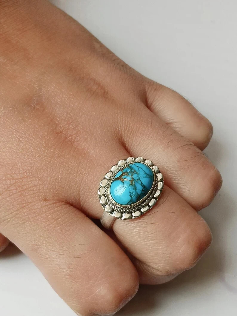 Copper Turquoise Ring 925 Sterling Silver Band & Statement Handmade  All Size