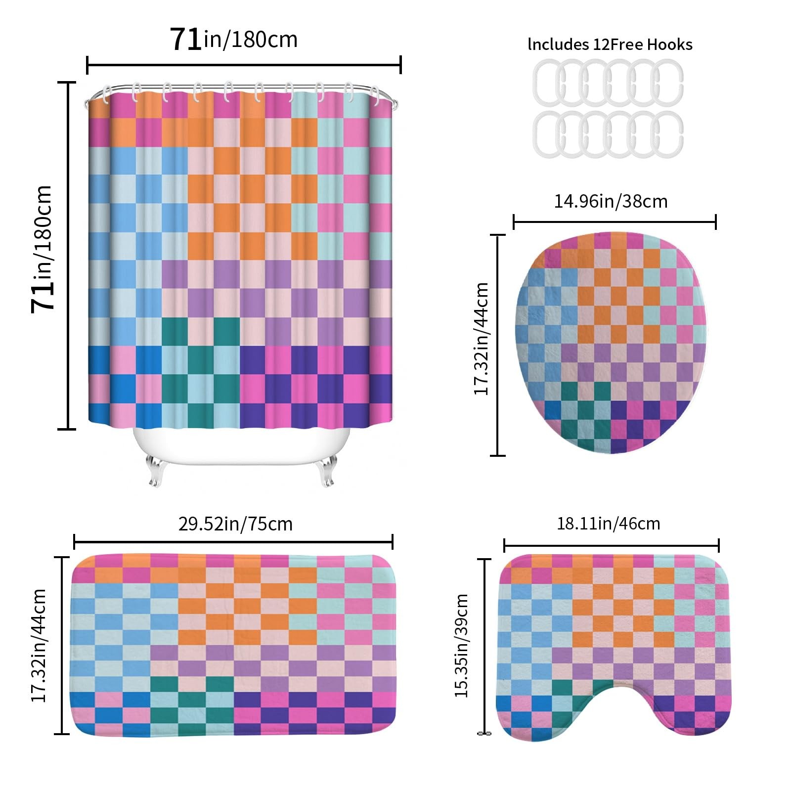 4 PCS Checkered Shower Curtain Sets Fun Gingham Bathroom Sets Soft Non Slip B...