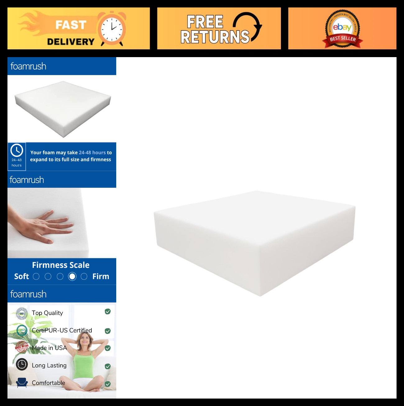 High Density 6" Upholstery Foam Cushion - Soft Support for Chairs & Wheelchairs
