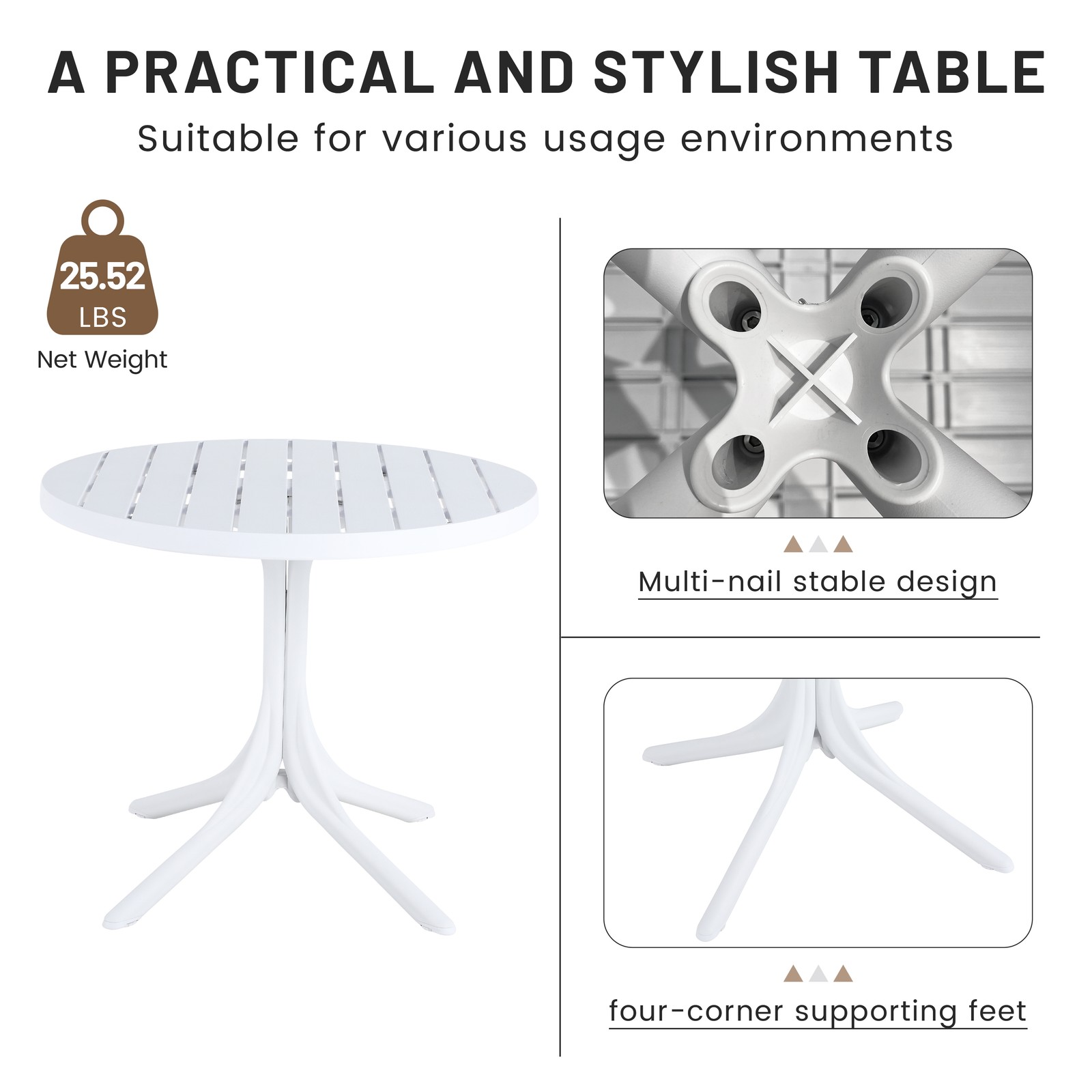 White Round Polypropylene Dining Table 36" Indoor/Outdoor 220 lbs Capacity