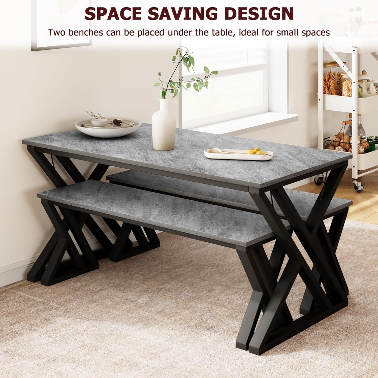 Kitchen Table with Benches, Dining Table Set for 4, Saving Space Table Set