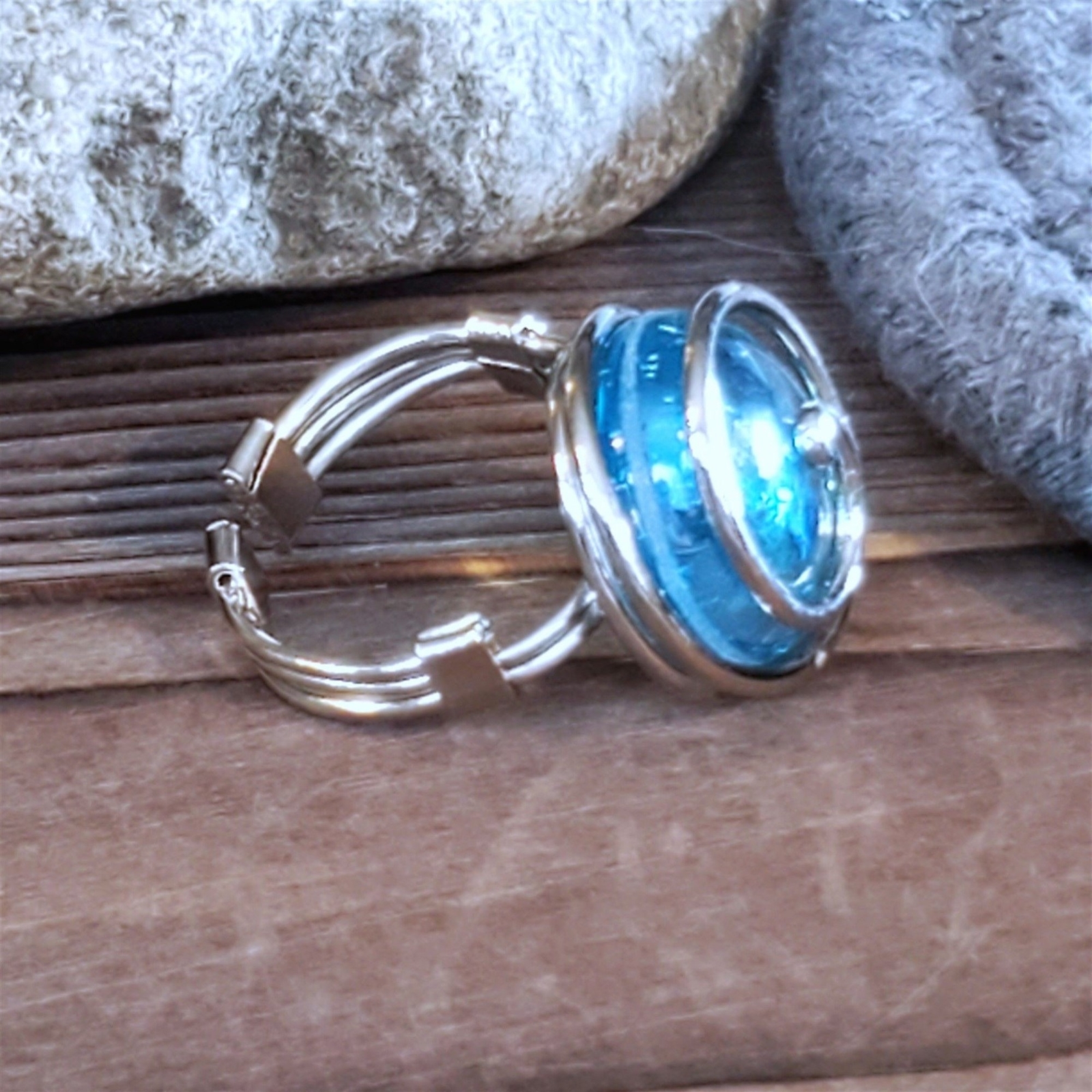 Handcrafted Edgy Turquoise Blue Luster Silver Spiral Luster Glass Bauble Ring