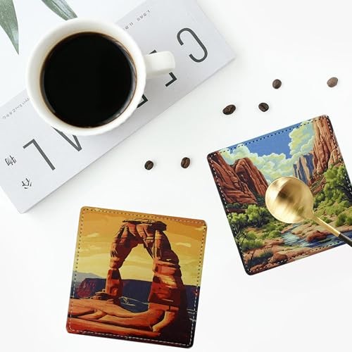 Coasters Square Leather Drinks Set with Holder - One Size - National Parks