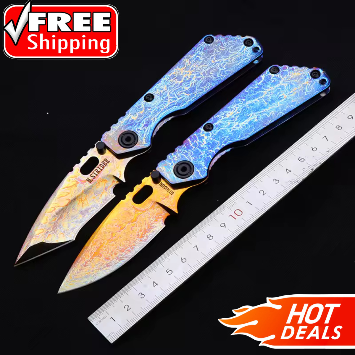 New Flame Pattern Blade TC4 Titanium Blue Anodized Custom Handle EDC Pocketknife