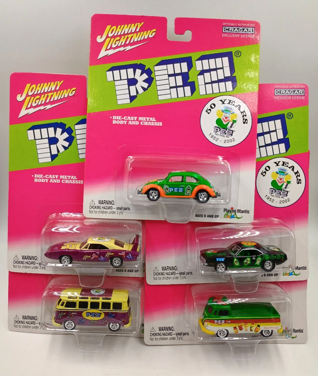 Set of 5 Johnny Lightning PEZ 50 Years Diecast Car Plymouth Beetle Samba Bus NIP