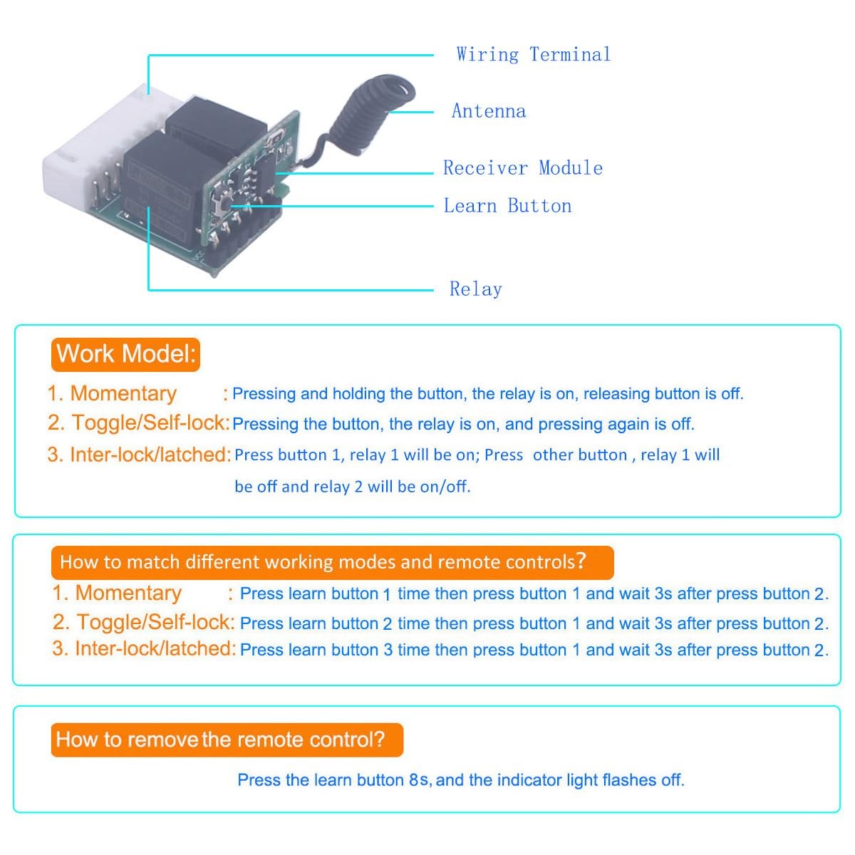 Mini 3.7V-12V 5V 6V 2 Channel Relay Remote Switch Wireless Remote Control Lea...