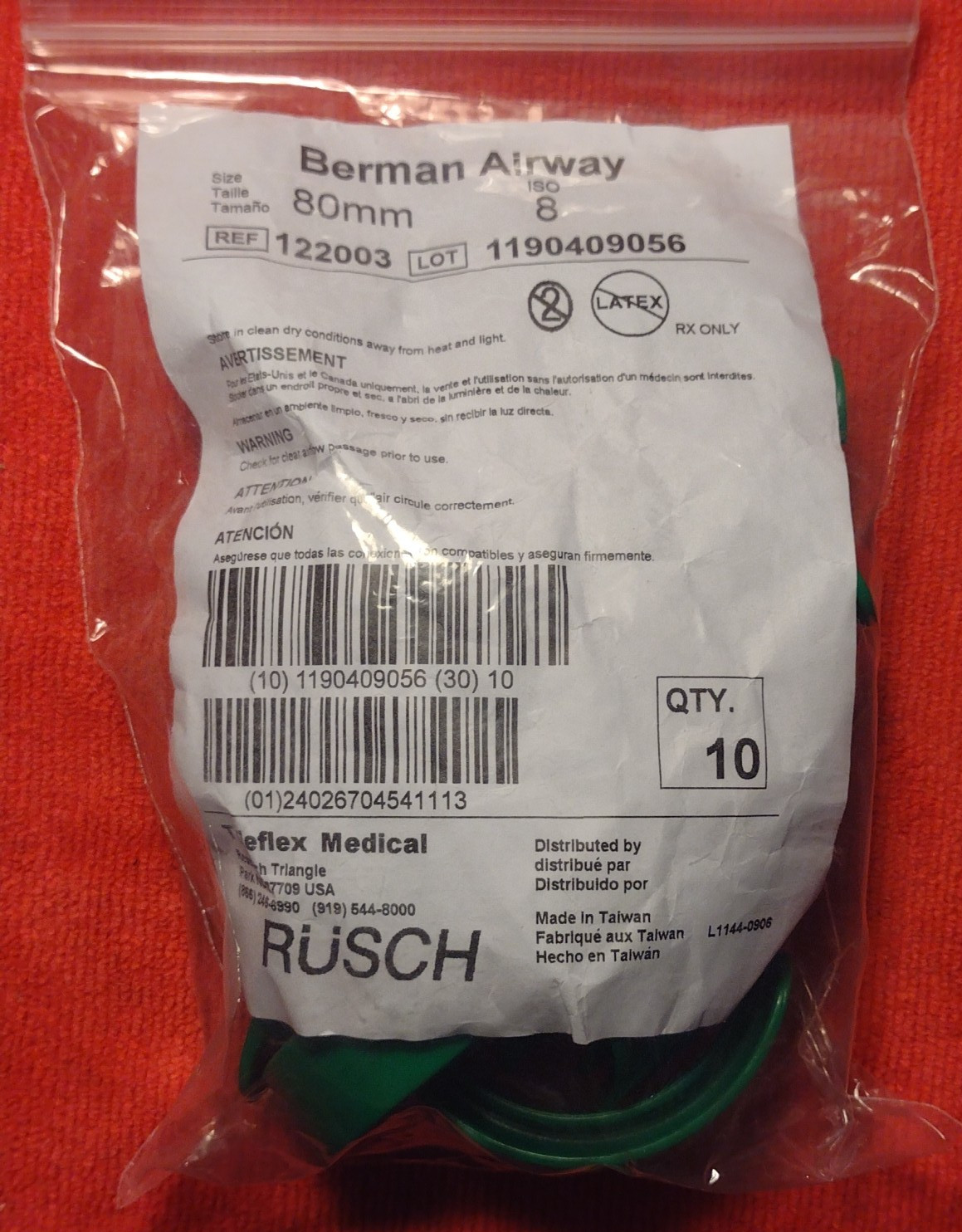 MEDIC EMS EMT RESCUE Berman Airway 80mm ISO 8 10pc Teleflex Medical ARMY GREEN