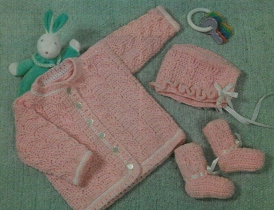 PRETTY IN PINK SET BABY SWEATER HAT & BOOTIES CROCHET PATTERN INSTRUCTIONS