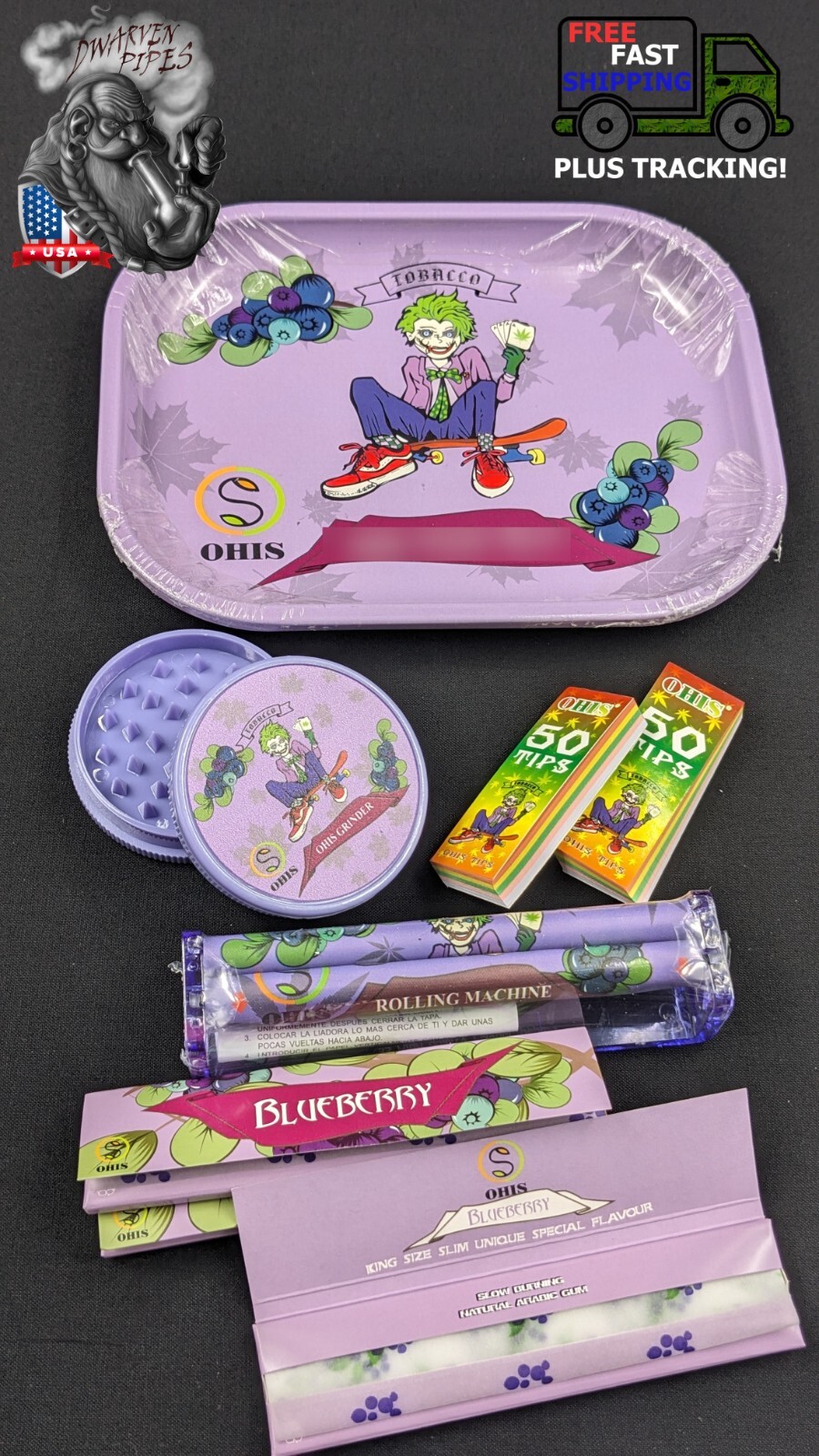 8 Tobacco Piece Rolling Papers & Tray Combo Set Blueberry