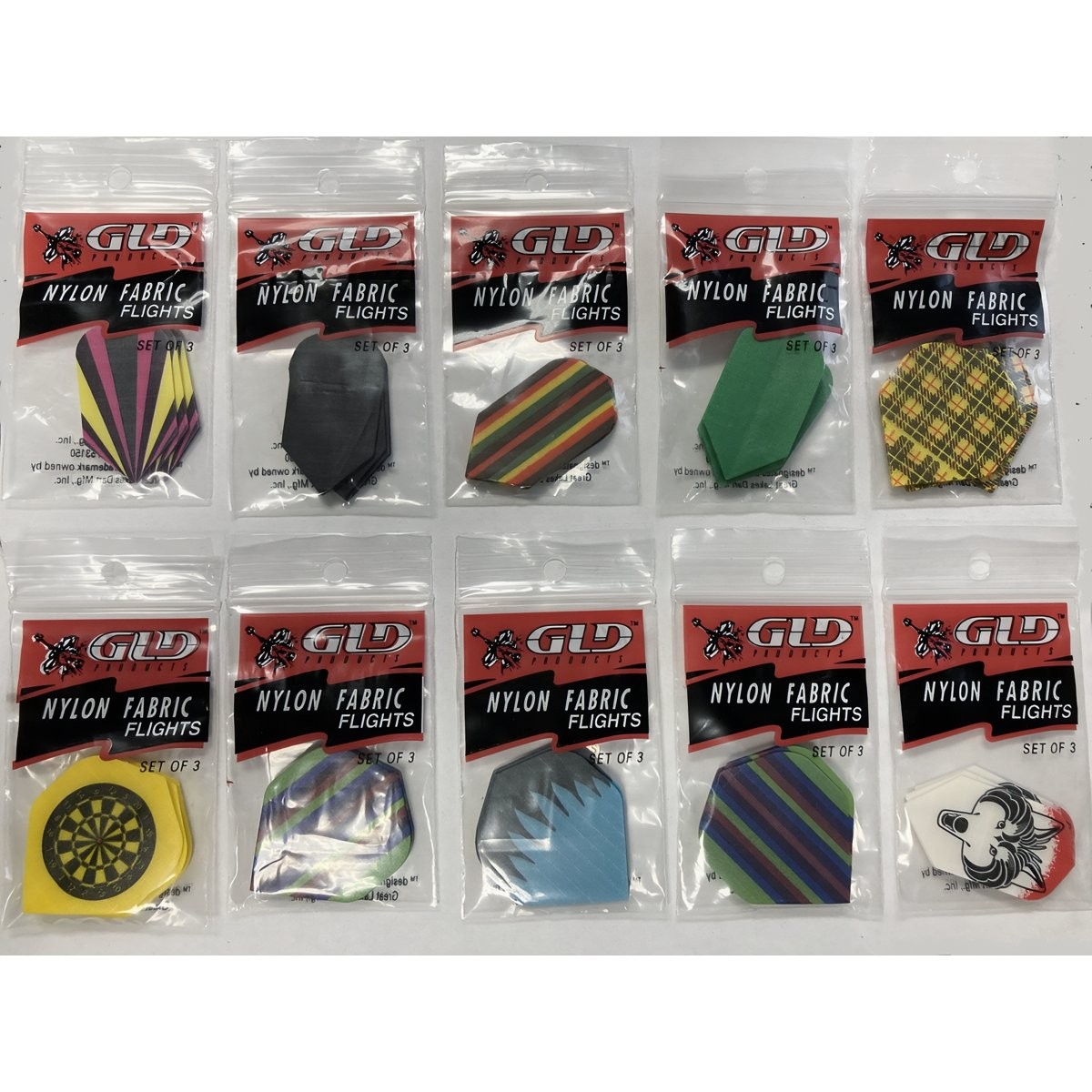 GLD Assortment of Nylon Dart Flights - 3 Flights Per Pack - Set of 10 Packs