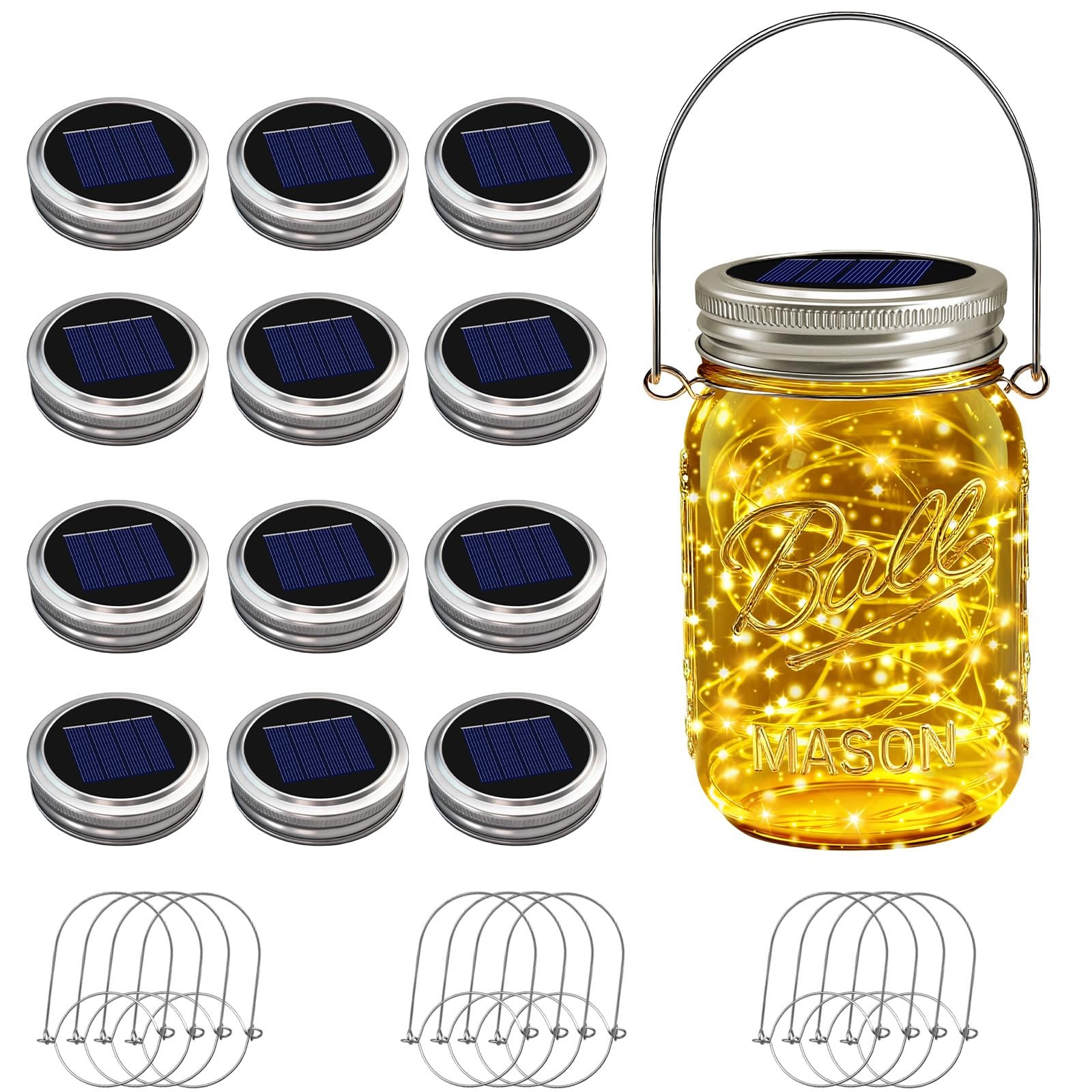 12 Pack Solar Mason Jar Lights for Outside, 30 LED Solar Mason Jar Lids Fairy Li