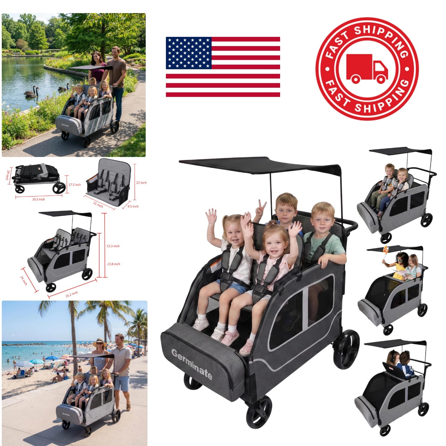 Foldable Wagon Stroller for 4 Kids with Multi Step Folding and Car Shape Design