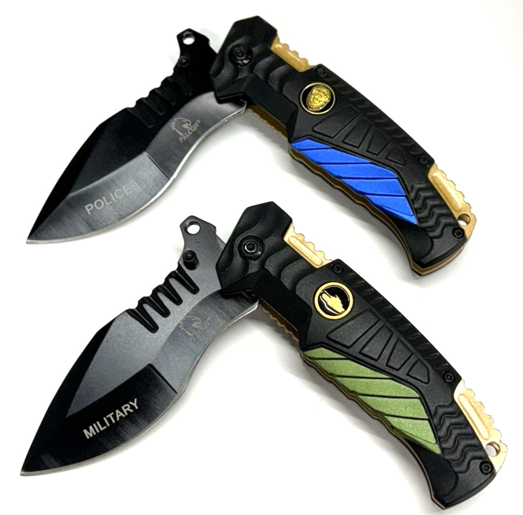 NEW Lot Of 2 - Falcon Folding Knives with Black Stainless Blades-Aluminum Handle