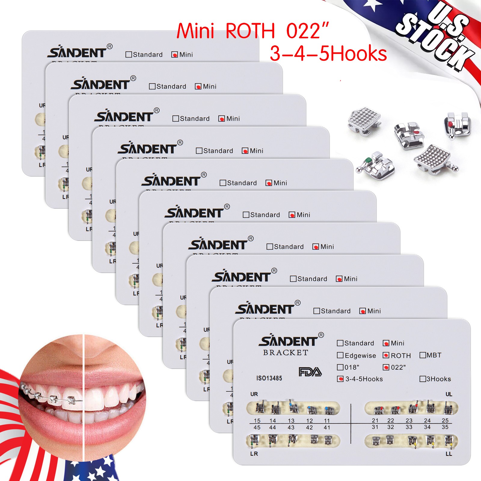 10 packs Dental Orthodontics Metal Bracket Braces Mini Roth 022"Slot Hooks 3-4-5