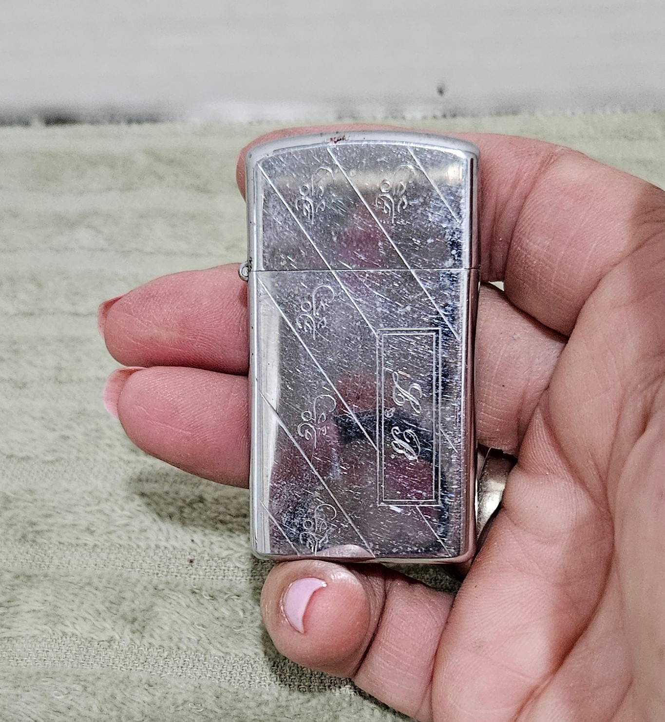 Vintage Zippo Slim Lighter Striped...Engraved ""L.B."